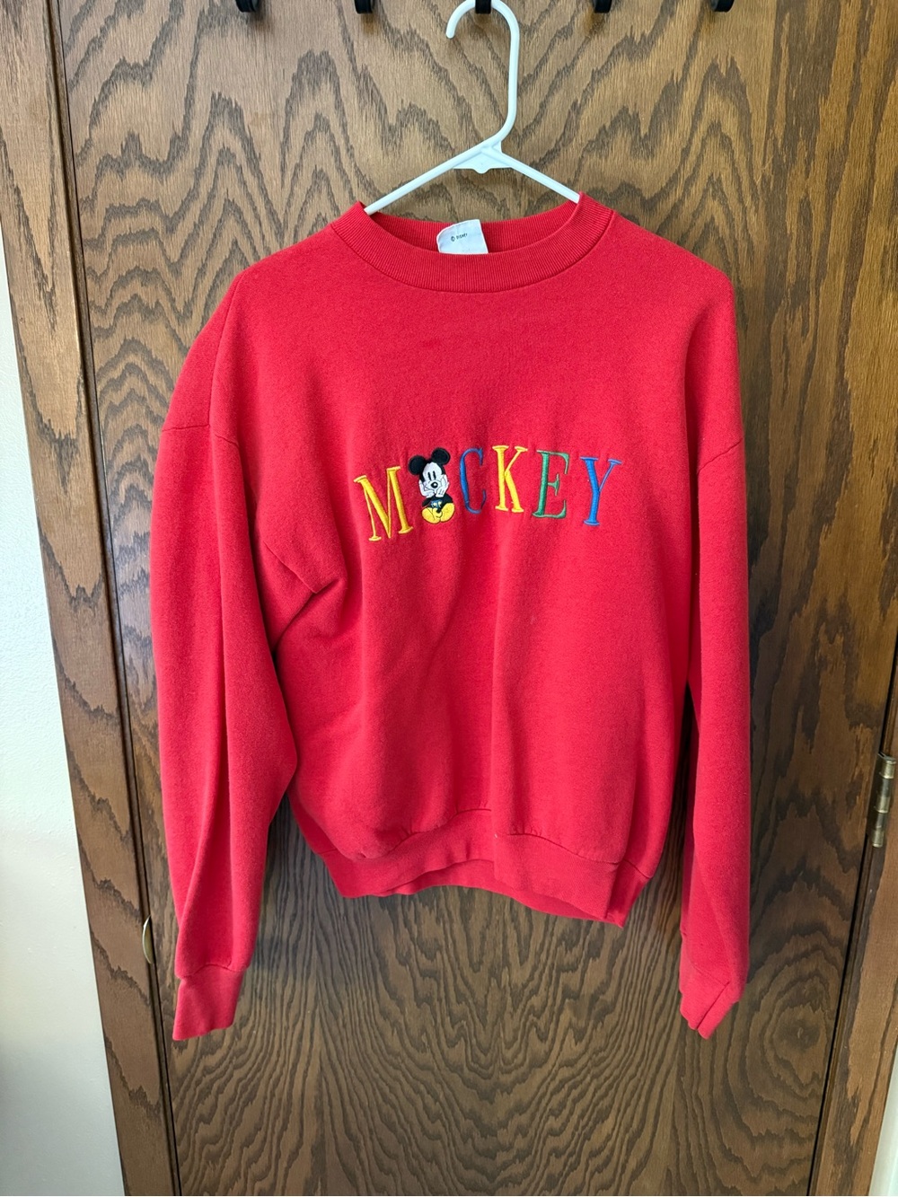 Disney Red Crewneck Sweatshirt with Multicolor Mickey Embroidery